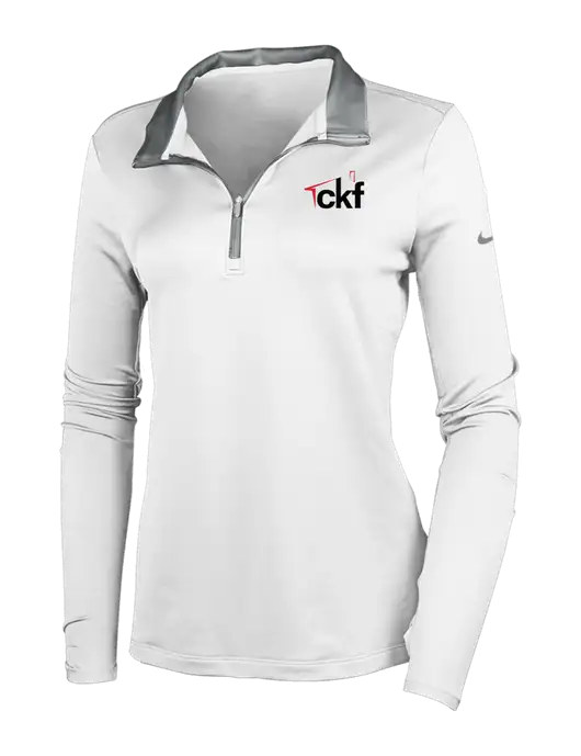 NIKE White/Dark Grey Womens Dry-Fit Stretch 1/2 Zip Cover-Up w/CKF Logo