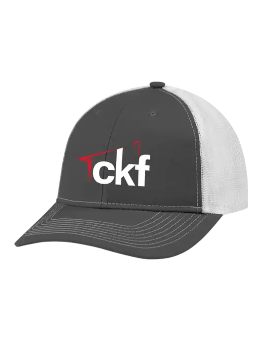 Snapback Ponytail Trucker Cap Dark Grey w/White Mesh w/CKF Logo